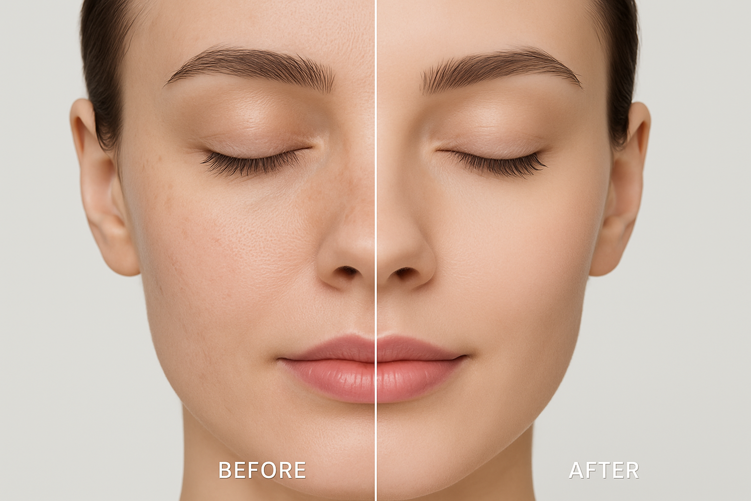 beautifull woman in a before and after result where you see her pores become clearer after using dr. melaxin peel shot